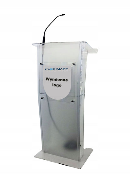 Mównica z plexi - ŁUK + WYMIENNE LOGO Tablica + MIKROFON XLR